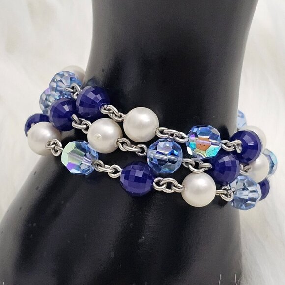 Trifari Silver Tone Blue Crystal Faux Pearl Three Strand Bracelet - Picture 2 of 7